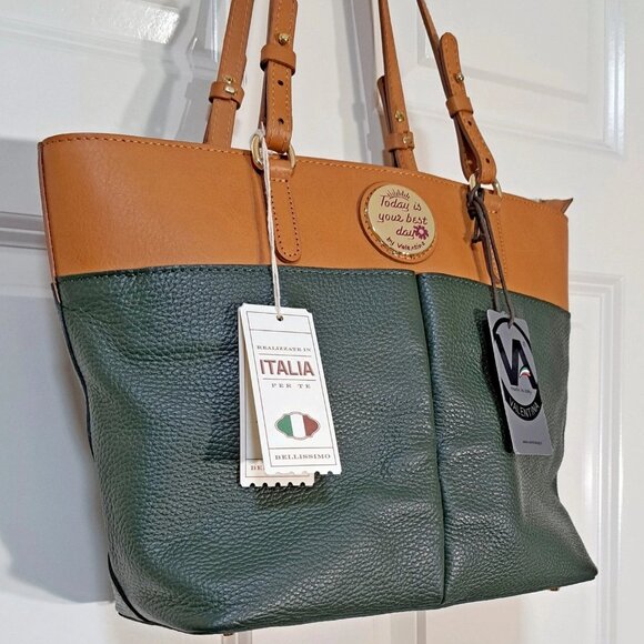 VALENTINA "Today is Your Best Day" Leather Tote Bag Purse Olive Green & Tan NWOT - Picture 1 of 8